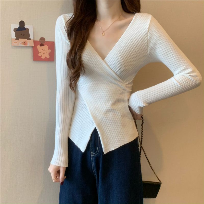 COZOK Áo sweater Tay Dài Cổ Chữ V Dáng Ôm Xẻ Tà Quyến Rũ Trẻ Trung