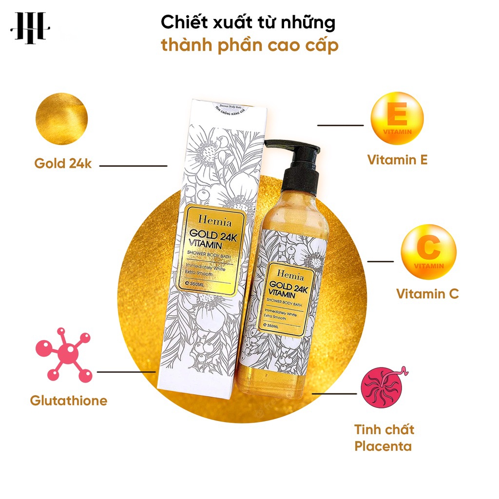 Sữa Tắm Trắng Da Hàng Ngày Gold 24k Hemia, Dưỡng Trắng Căng Mịn Da, Mờ Thâm Sạm, Chống Lão Hóa Da