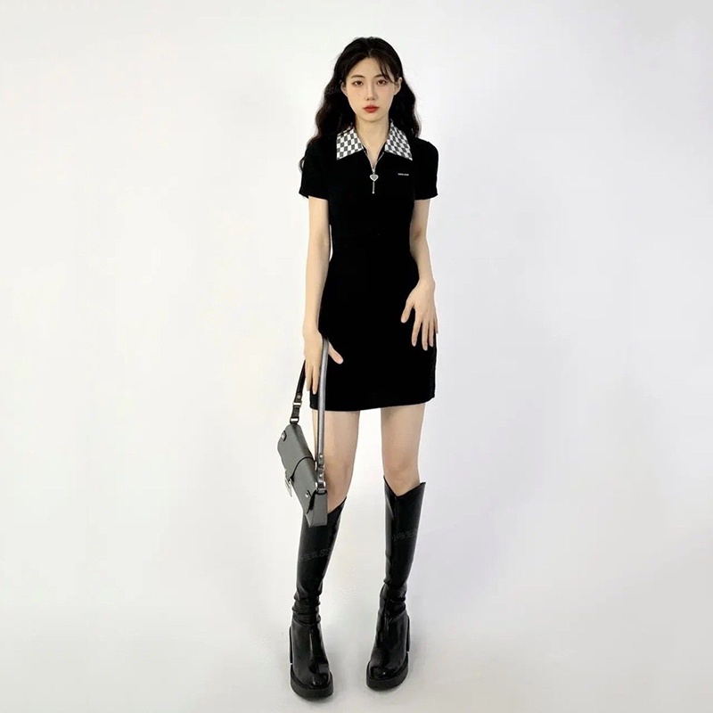 IELGY     Đầm Dáng Chữ A Cổ polo Hở Lưng Thắt Nơ Xinh Xắn