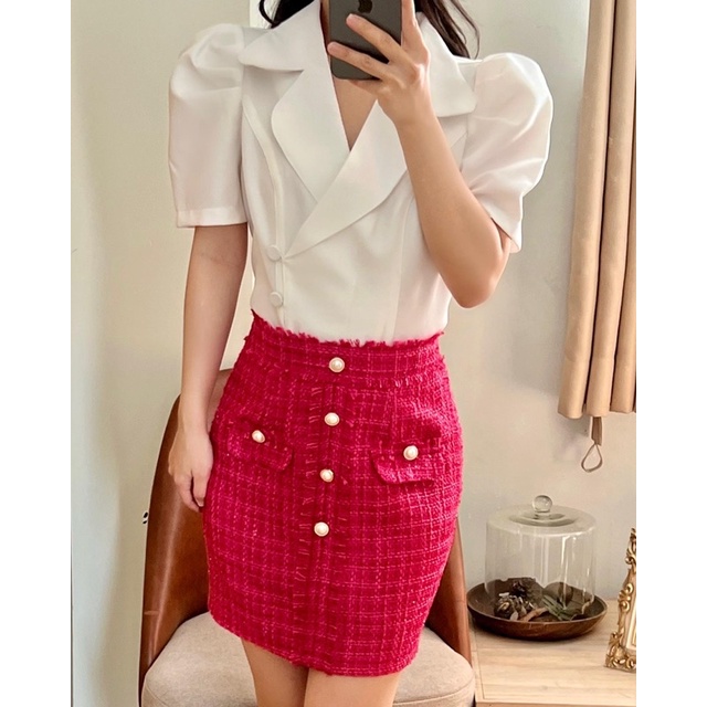 Chân váy dạ tweed hồng