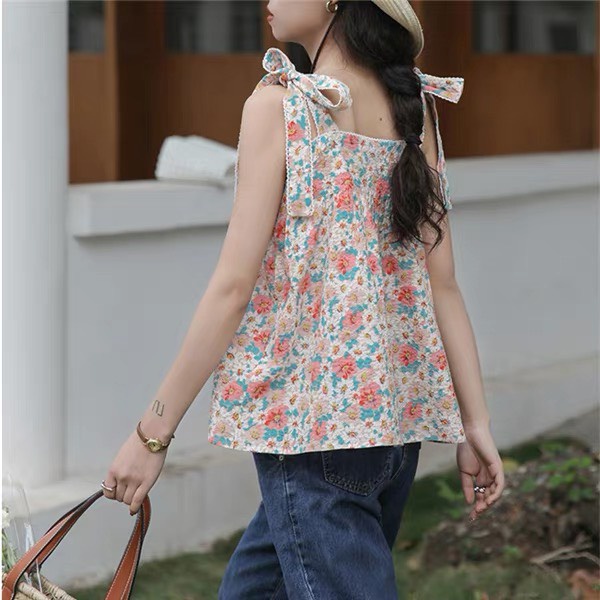 Áo babydoll tiểu thư A8293 Kiểu áo họa tiết hoa cách điệu tay thành dây buộc cực sang chảnh
