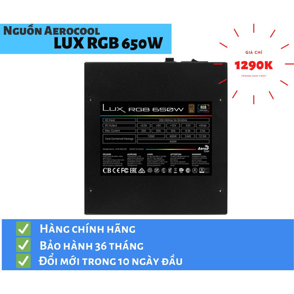 Nguồn máy tính Aerocool LUX RGB 650W - 650W - 80 Plus Bronze - Semi Modular. Nguồn máy tính cao cấp giành cho game th