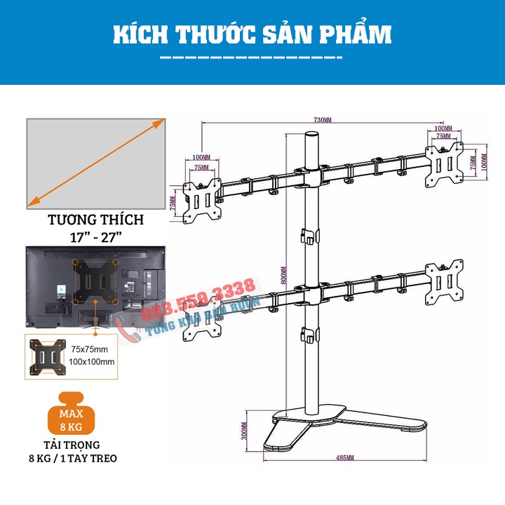 Giá Treo 4 Màn Hình M044 Cao Cấp 17 - 27 Inch / Tải Trọng 8Kg 1 Tay - Tay Treo Màn Hình Thiết Kế Chân V Để Bàn Chắc Chắn