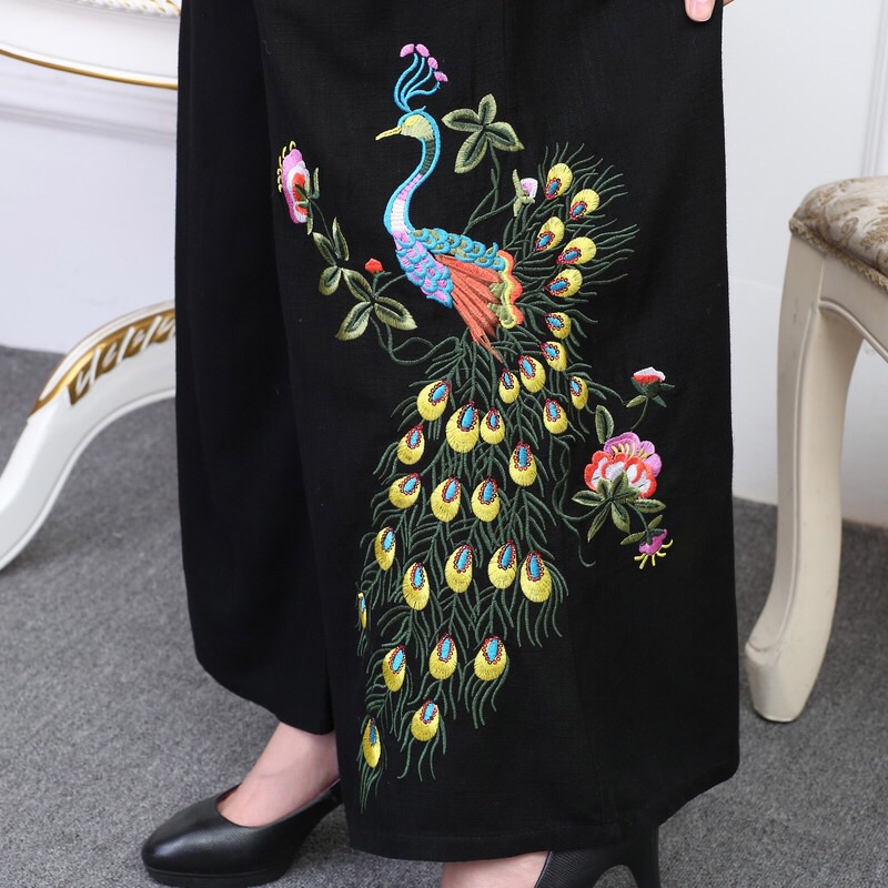 Plus Quần Dài Ống Rộng Thêu Họa Tiết Cho Nữ