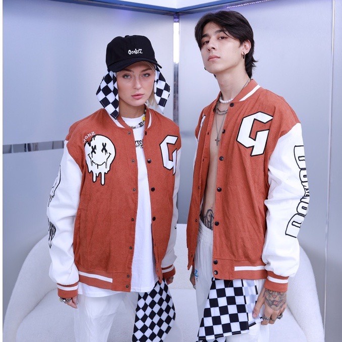 Áo varsity jacket Unisex Form rộng nhung tăm 2 lớp Hình thêu 100% Màu cam. Áo khoác bomber nam nữ Gonz Bóng chày