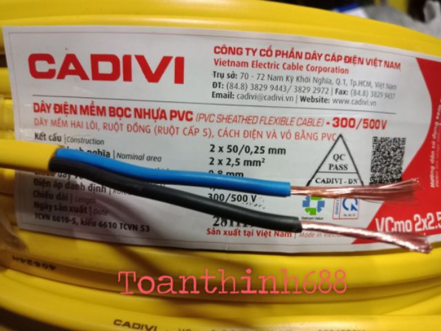 50mét dây điện đôi VCmo2x2.5mm²(2x50) cadivi 2 lớp vỏ bọc dẹp