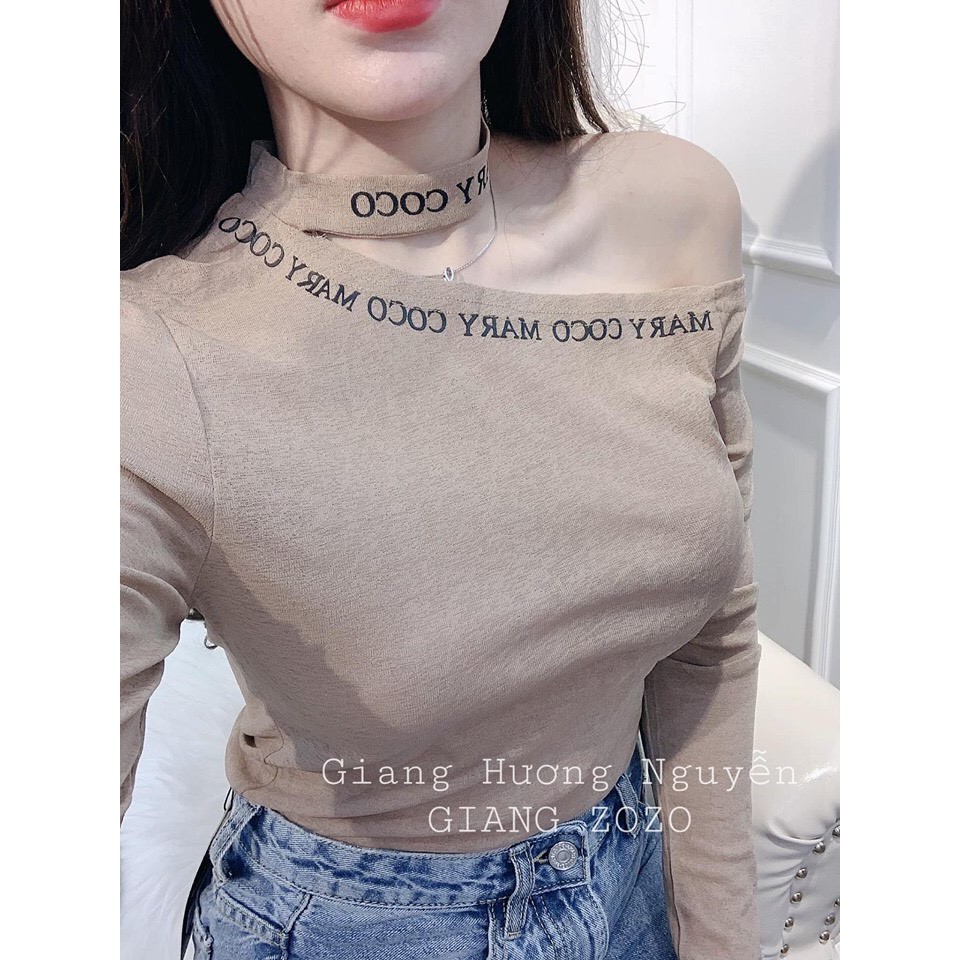 Áo giáy phối chữ hở vai siêu hot( ảnh thật+ video)