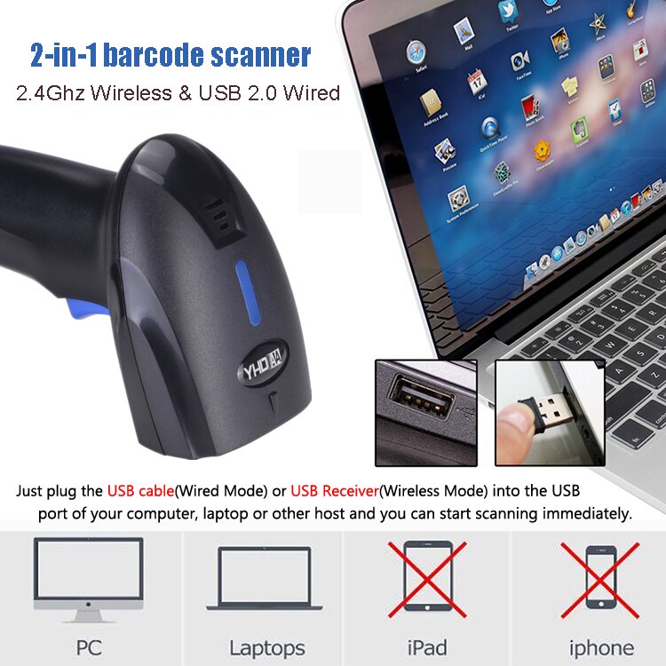 Máy quét chip mã vạch không dây YHD 1100DW 2D đầu đọc Qrcode không dây kết nối USB dùng trên Laptop, PC -B101
