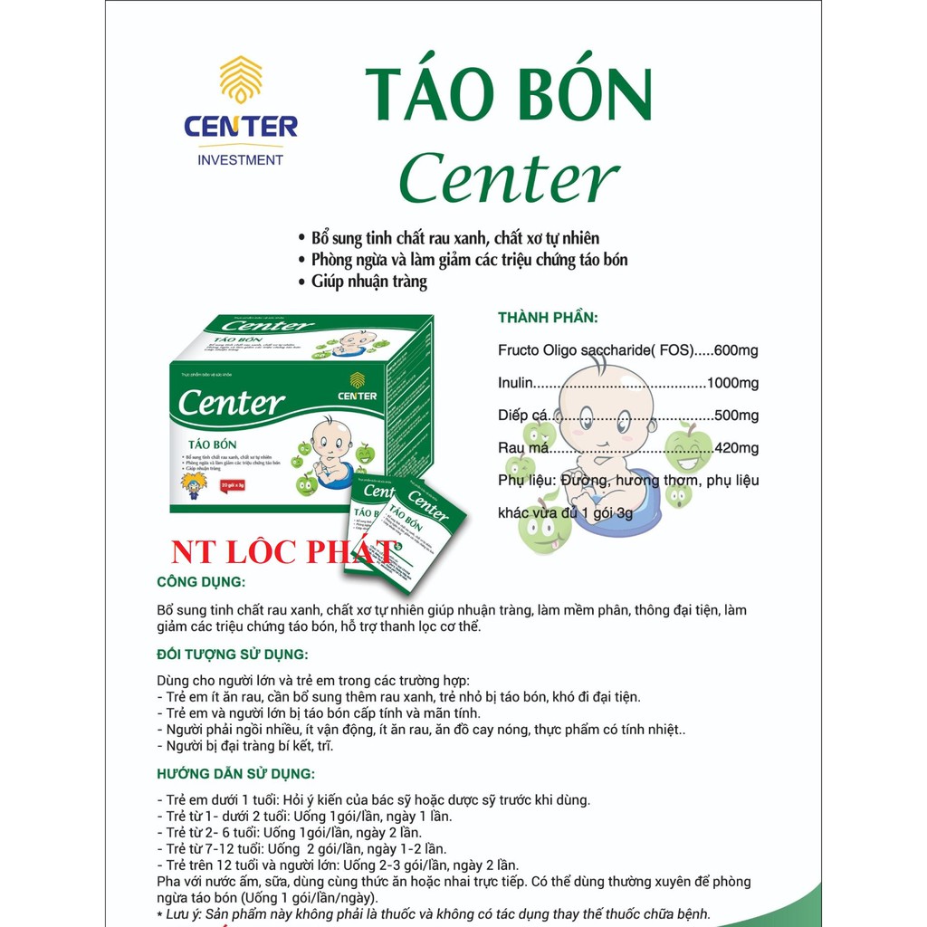 Táo bón Center, hỗ trợ nhuận tràng, làm mềm phân và giúp thông đại tiện