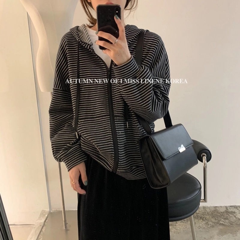 Áo khoác tay dài có nón kẻ sọc thời trang cho nữ