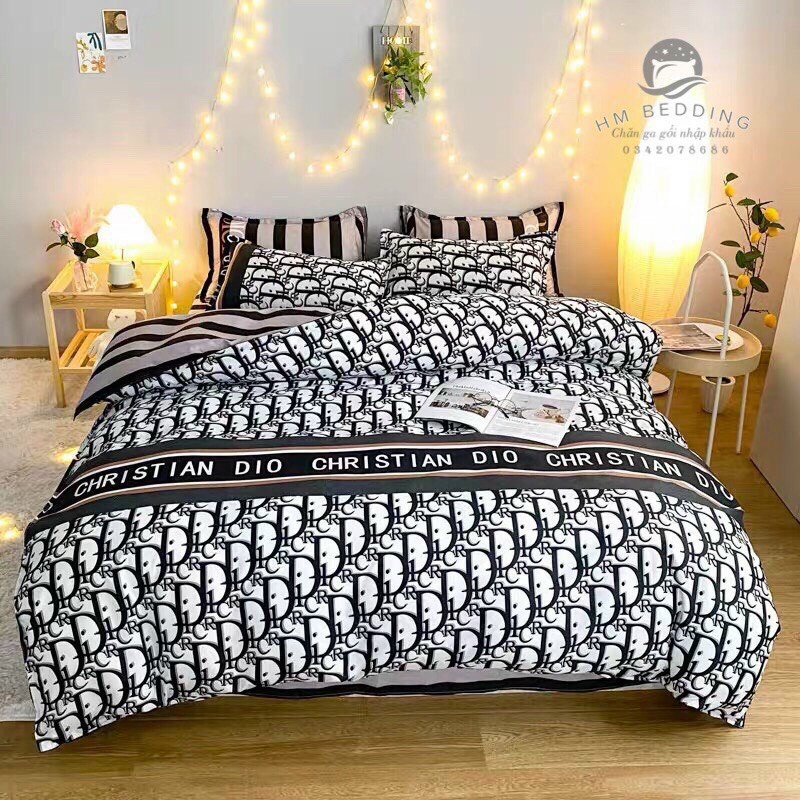 Bộ chăn ga gối cotton poly Hàn Quốc, bộ ga gối cotton 4 món vỏ chăn có khoá kéo lồng được ruột