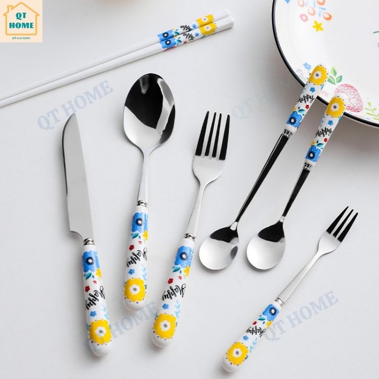 Thìa Muỗng Inox 304 Cán Sứ, Dĩa Nĩa Inox 304, Dao Ăn Inox 304, Đũa Sứ, Họa Tiết Bông Hoa