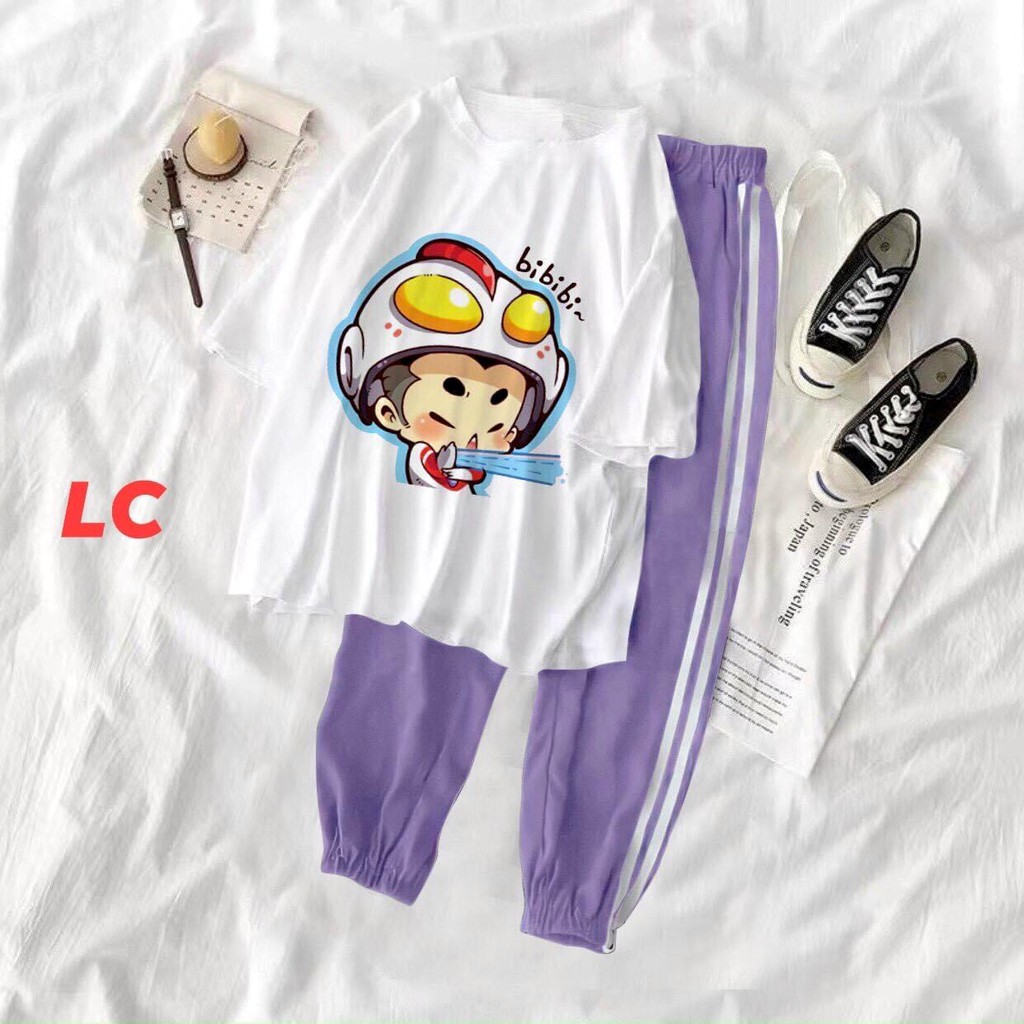 Set Quần Áo Chibi PEONYB Nữ [FREESHIP] 🌸 Bộ thun jogger kẻ sọc ống bom kèm phông in hoạt hình cute dễ thương Ulzzang 🌸 | BigBuy360 - bigbuy360.vn