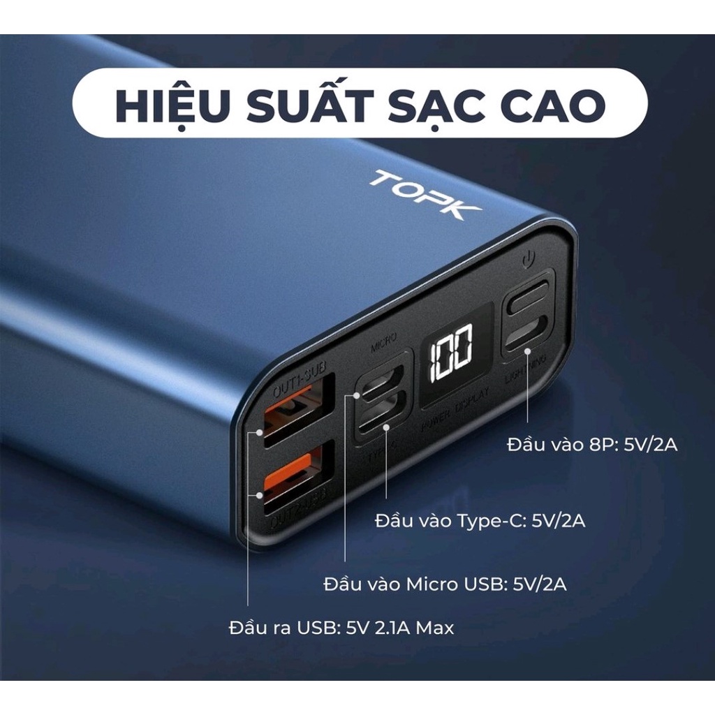 [CHÍNH HÃNG] Sạc dự phòng Vỏ Kim Loại TOPK I2006 20000 MAh Sạc Cho Iphone Xiaomi Samsuang Samsung HUAWEI Oppo