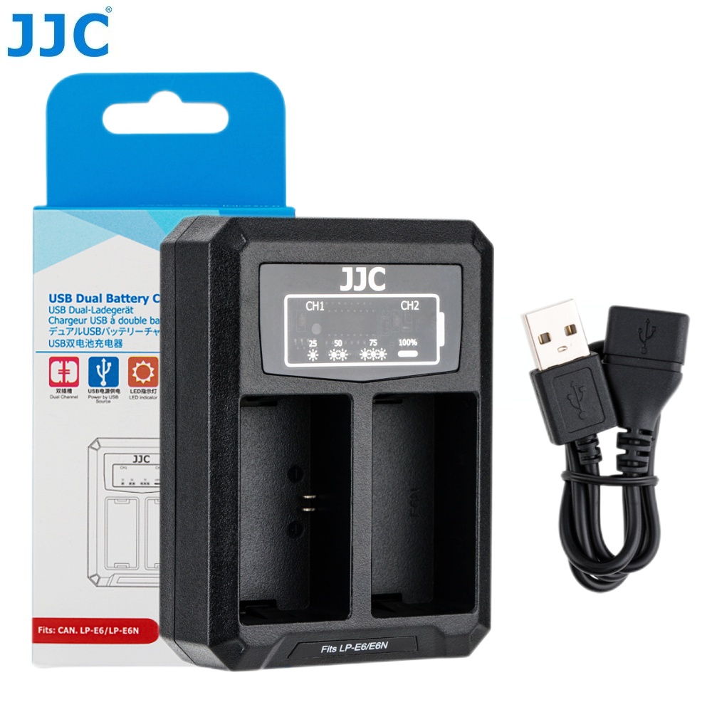 Bộ sạc pin máy ảnh JJC cổng USB cho Canon LP-E6 LP-E6N EOS R R5 R6 R7 90D 80D 70D 60D 60Da 6D Mark II 7D Mark II 5D