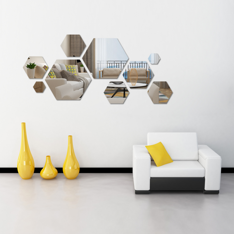 Set 6 nhãn dán acrylic hiệu ứng gương 3D hình lục giác trang trí tường hiện đại
