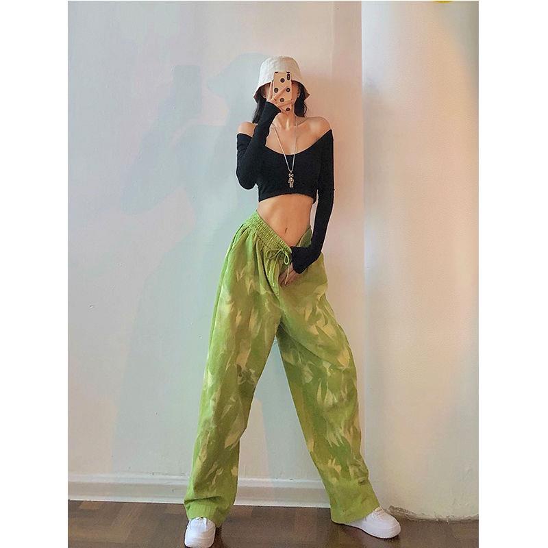 Honypove Quần Dài Lưng Cao Màu Xanh Bơ Phong Cách Harajuku Cá Tính Cho Nữ