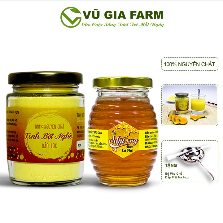 Combo Tinh Bột Nghệ + Mật Ong Hoa Cà Phê -  Nguyên Chất Vũ Gia (100g/ml/hũ) + Tặng Bộ Đắp Mặt