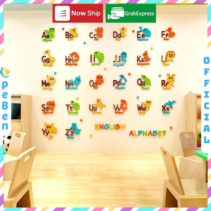 Tranh dán tường mica 3d decor khổ lớn bảng chữ cái tiếng anh trang trí mầm non, phòng cho bé Nhiều Size - EPeBen