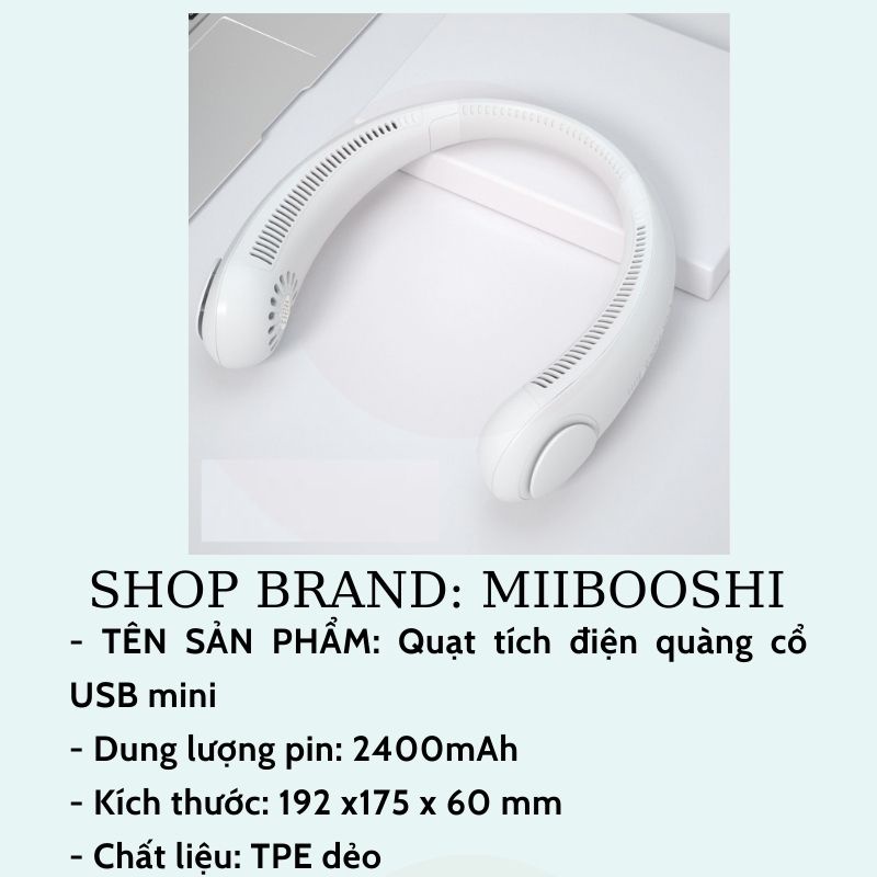 Quạt tích điện mini quàng cổ USB không cánh dáng thể thao thông minh tiện ích sử dụng trong 10H Miibooshi D5.029.XA