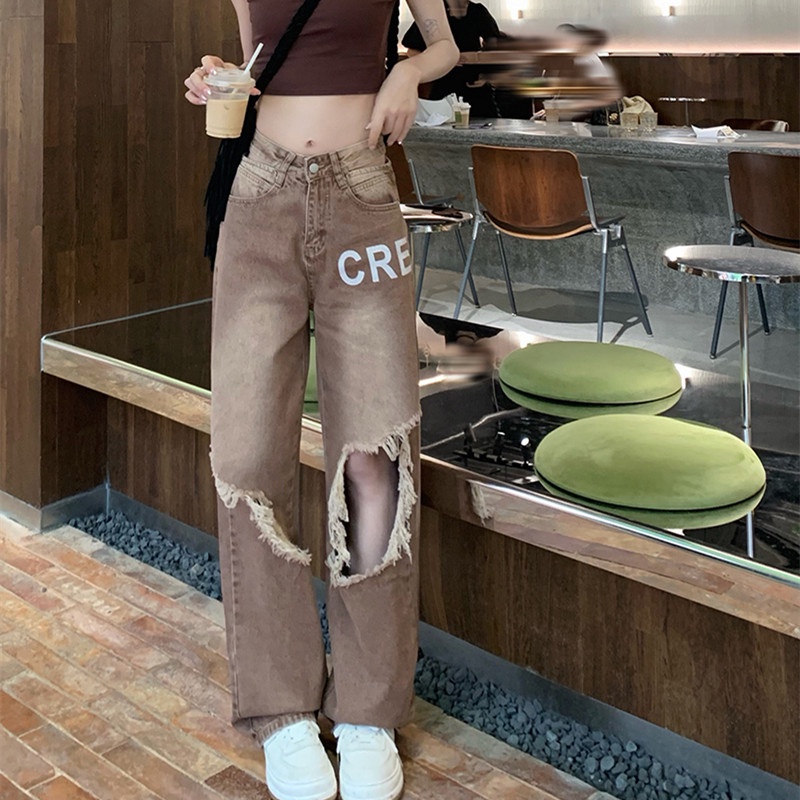 Quần Jean Nữ Lưng Cao Ống Đứng Rách Gối Thời Trang