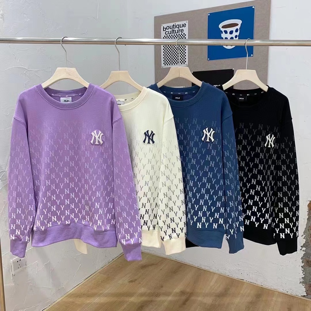 MLB Áo Sweater Cổ Tròn Dáng Rộng Màu Gradient NY Kiểu Hàn Quốc Thời Trang Thu Đông Cho Các Cặp Đôi