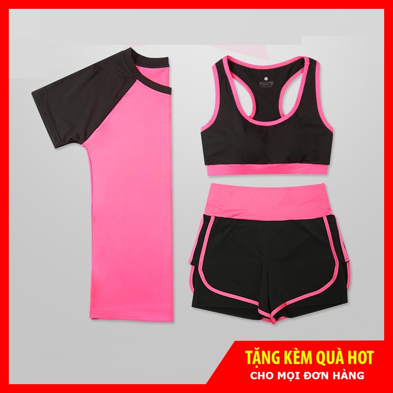 Bộ đồ thể thao 3 món tập Gym nữ, set đồ tập Yoga nữ 3 món áo thun quần đùi 2 lớp và áo bra có đệm mút GYM FASHION
