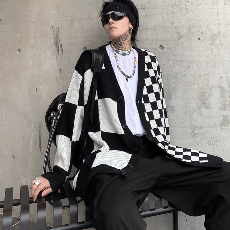 ✦AFFLIGA✦ Áo Khoác Cardigan Dệt Kim Dáng Rộng Họa Tiết Sọc Caro Trắng Đen Phong Cách Đường Phố Đơn Giản Thời Trang Xuân Thu Cho Nam Và Nữ