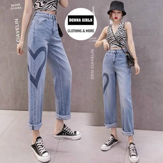 Quần baggy nữ ❤️ Quần jean cạp lưng cao 1nút, IN TRÁI TIM chất bò dày dặn trẻ trung - DONNA GIRLS QJ06