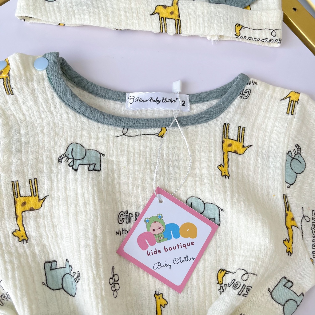 Quần áo bé trai sơ sinh Nina Kids Boutique Set bộ đồ xô cho bé Đồ sơ sinh bé trai cộc tay Kèm Turban Size 0 24 tháng