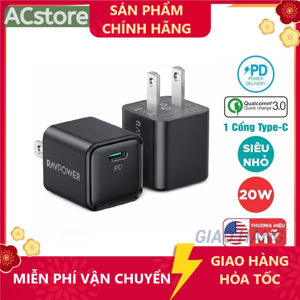 [ KHÔNG HỘP ] Sạc Điện Thoại, Củ sạc nhanh RAVpower PD 20W Siêu Nhỏ, hỗ trợ PD/PPS/QC (RP-PC150)