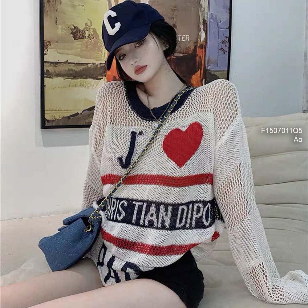 Áo len lưới mỏng chữ phối hình trái tim pha kẻ sọc tay dài hàng QC!