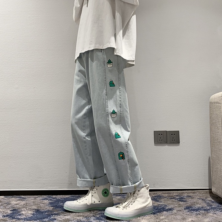 Quần jean ống suông rộng in họa tiết bên hông thời trang Hàn Quốc cho nam và nữ
 | BigBuy360 - bigbuy360.vn