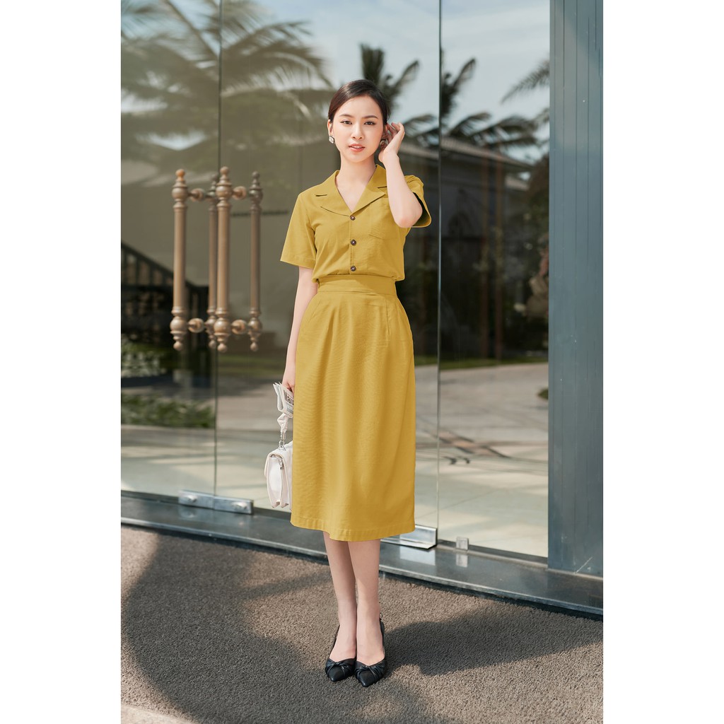 Váy Công Sở Chữ A Tay Ngắn LEOSWEARING Set Chân Váy Dài Qua Gối Lưng Thun và Áo Sơ Mi Chất Vải Linen Bột dam cong so B11