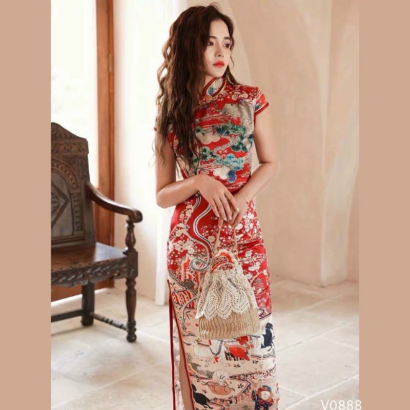 Đầm body sườn xám đỏ xẻ tà cao cấp