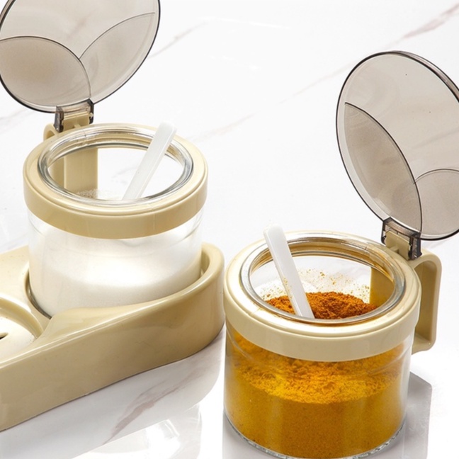 Hũ đựng gia vị, bộ lọ đựng gia vị có nắp đậy kèm khay tiện dụng