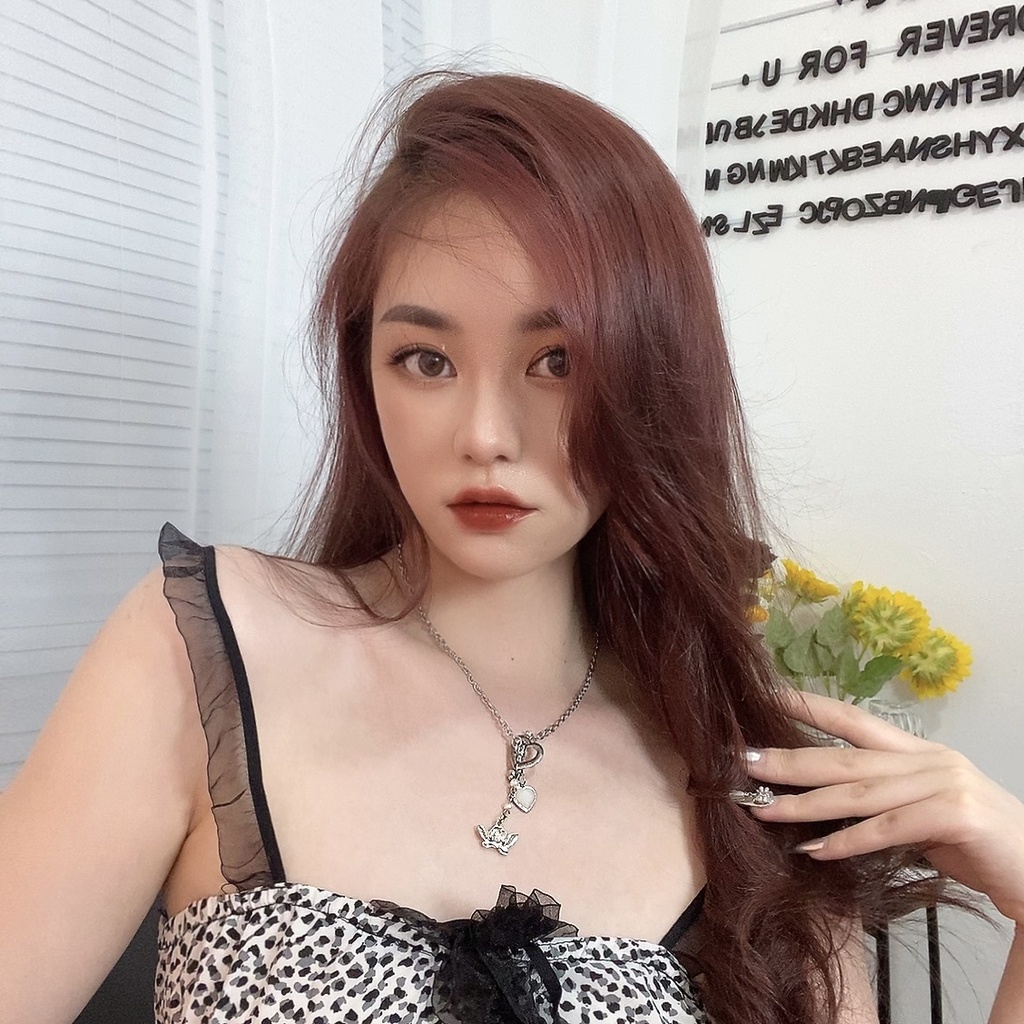 Vòng cổ Mặt Trái Tim Thần Cupid Rỗng Đính Ngọc Trai Và Ngọc Trai Sang Trọng Harajuku