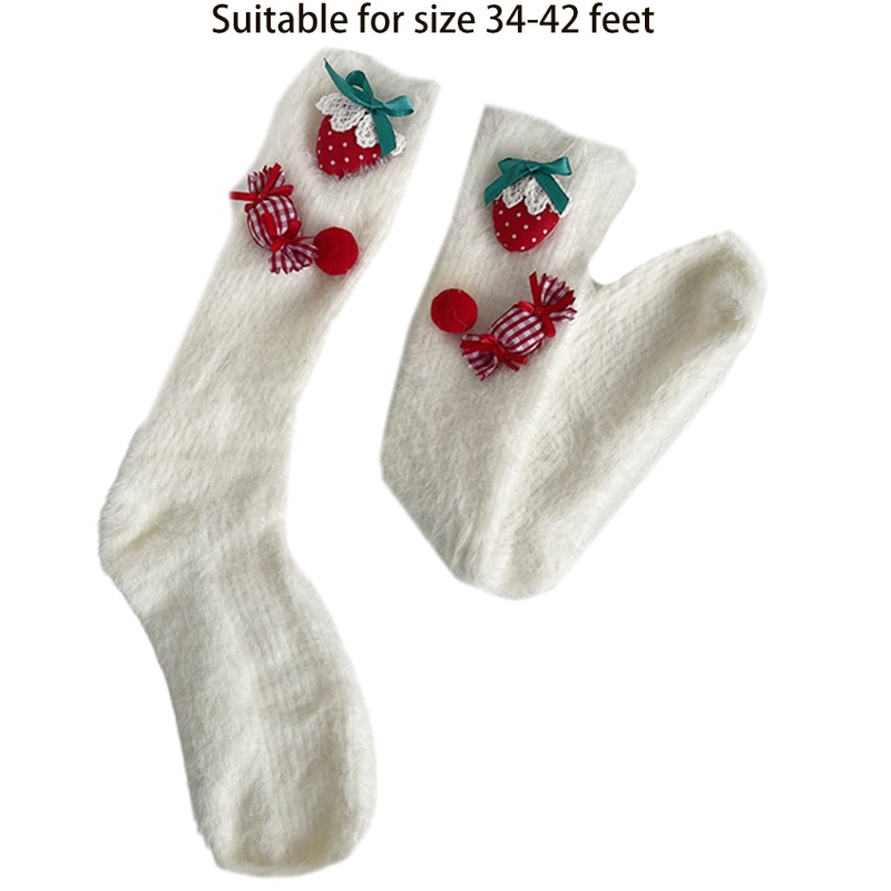 Tất Lông Xù Dài Qua Gối Hình Trái Dâu Tây Đáng Yêu Dành Cho Nữ