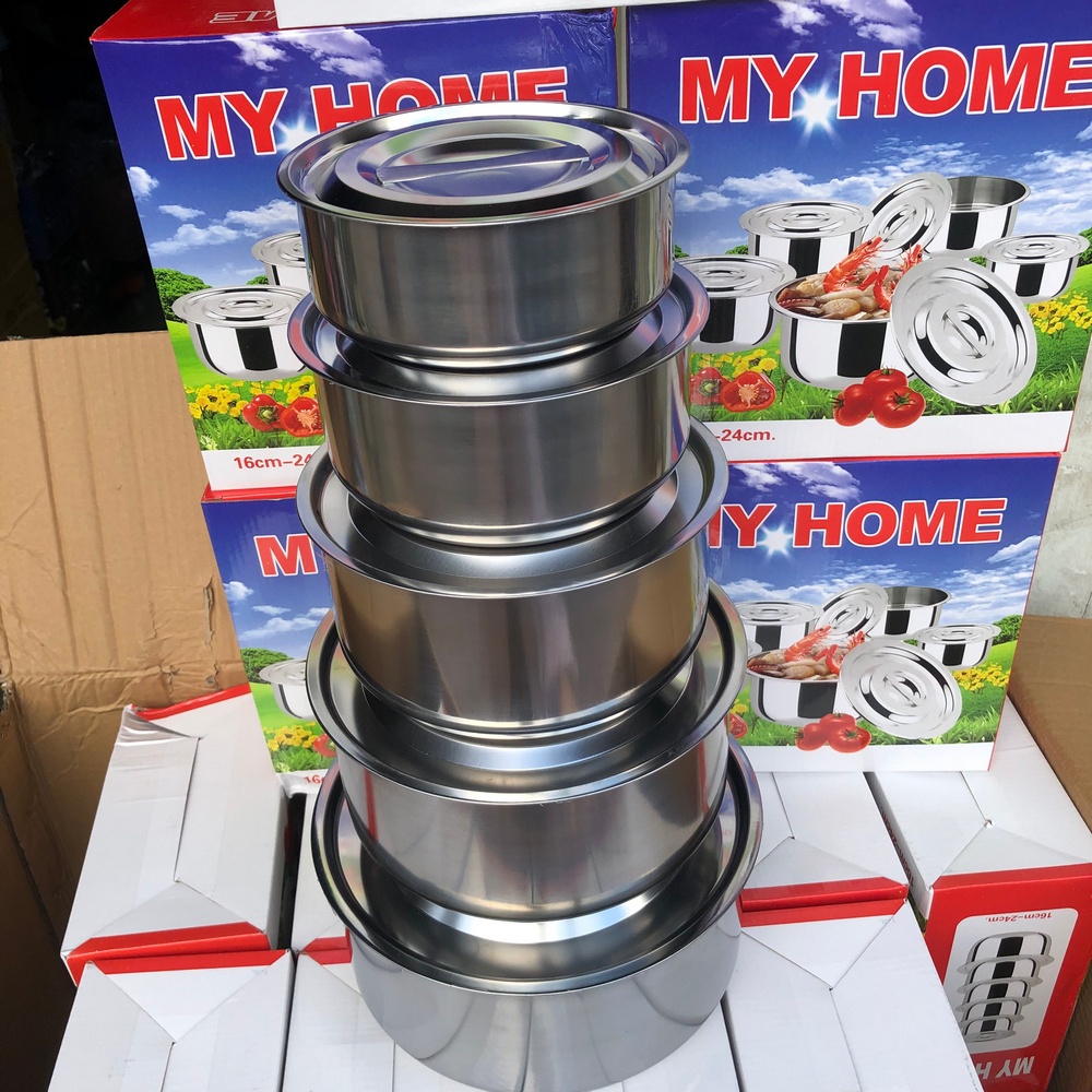 Bộ 5 nồi inox đủ size không quai dùng được trên bếp từ