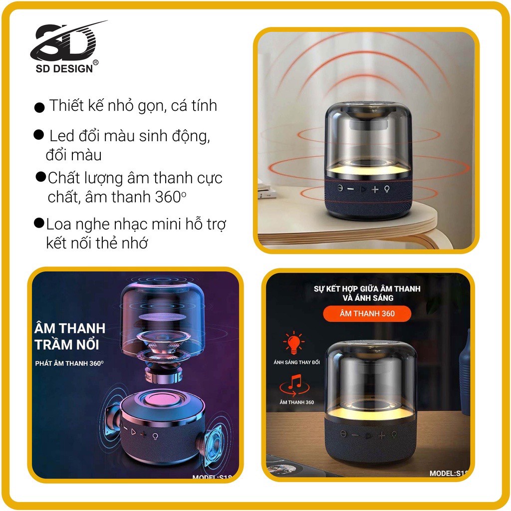 Loa Bluetooth Mini S18 Không Dây Chính Hãng SD Design Nghe Nhạc Hay Đèn Led Sống Động Hỗ Trợ Cắm Thẻ Nhớ Và Usb
