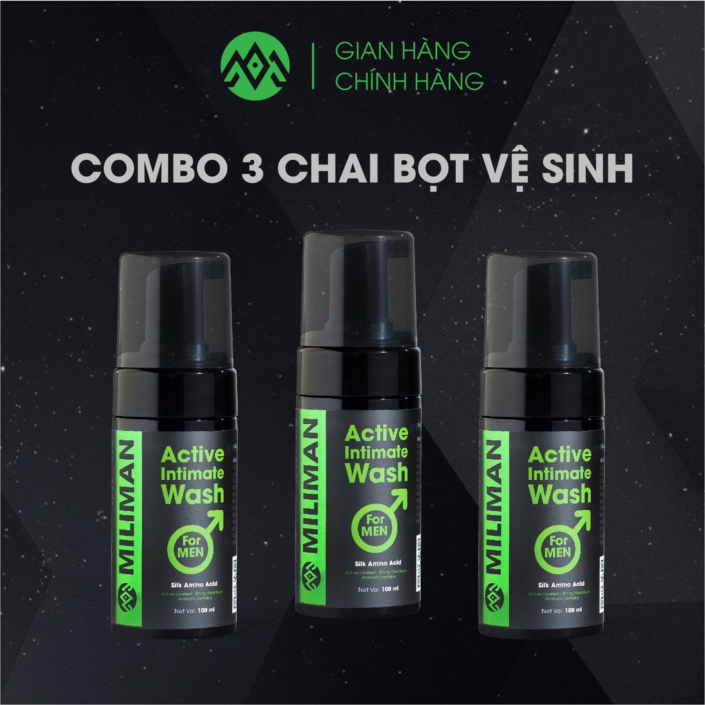 Combo 3 Chai Bọt Vệ Sinh Nam Giới MILIMAN Active Intimate Wash For Men Làm Sạch Nhẹ Nhàng, Khử Mùi Hôi 100ml