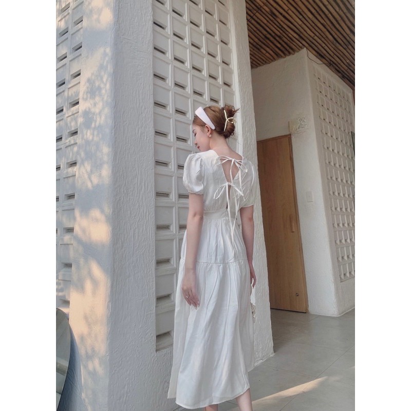 Đầm Midi Nữ Dây Đan Lưng Cộc Tay 🦋 Váy Nữ Cộc Tay Eo Thun 2 Màu 🦋 | BigBuy360 - bigbuy360.vn