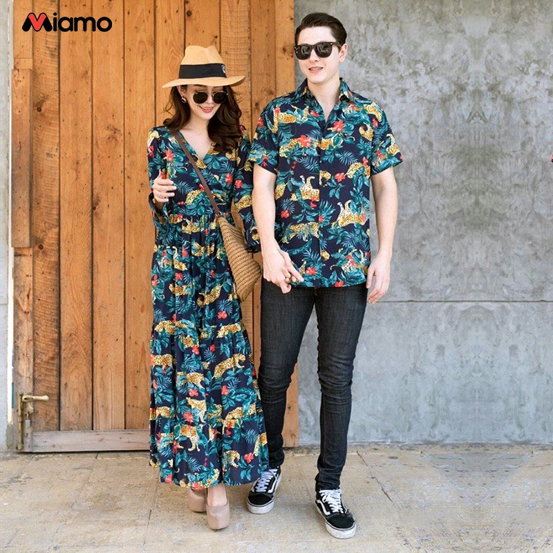 Set đồ đôi áo sơ mi nam đầm nữ couple đi biển thời trang Miamo MO402 (Kèm ảnh thật)