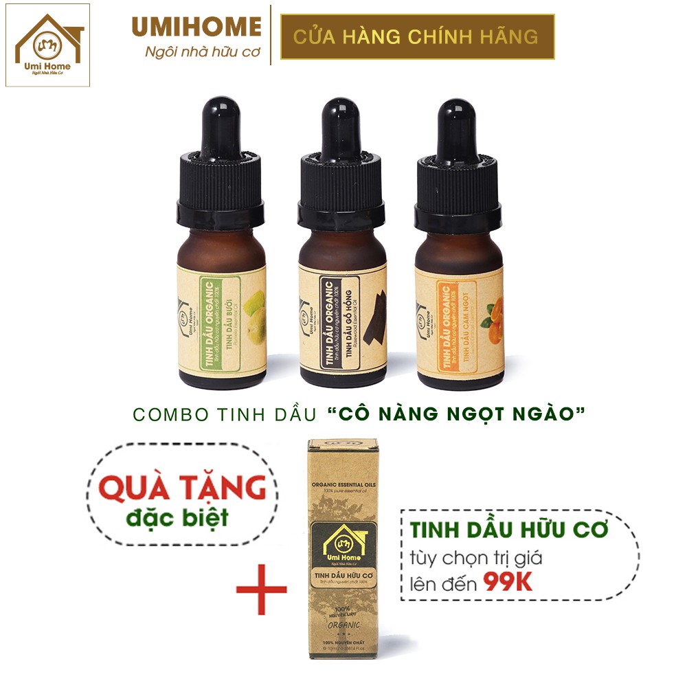 Combo 3 loại Tinh Dầu UMIHOME gồm Gỗ Hồng, Cam Ngọt, Bưởi (10mlx3) hữu cơ nguyên chất