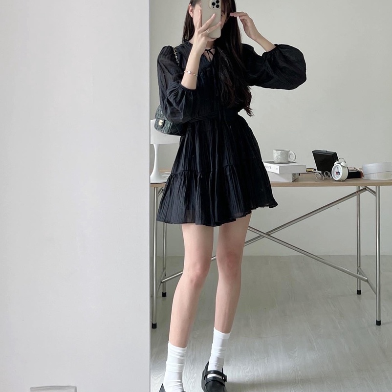 Váy babydoll dáng ngắn, váy đầm nữ dài tay tầng 2 lớp voan tơ xước freesize phom suông thắt eo hàn quốc C1092
