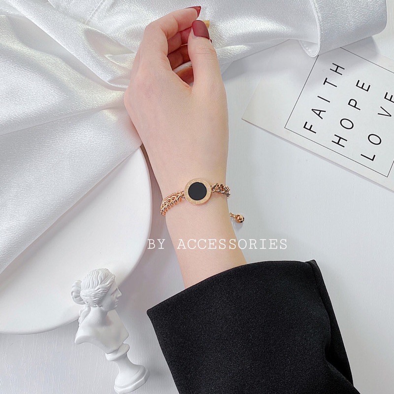 Lắc tay titan xích vát cạnh phối mặt tròn khắc số la mã cẩm xà cừ không gỉ