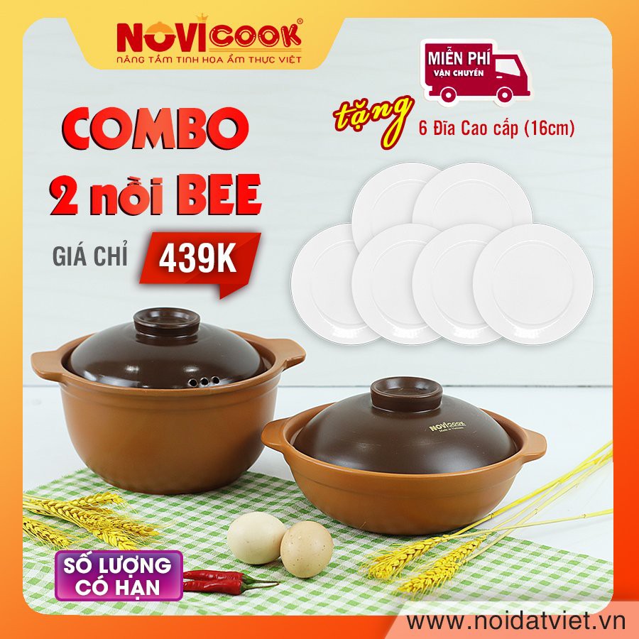 Bộ 2 Nồi Sứ Kho Cá NOVIcook cao cấp màu be - TẶNG 6 ĐĨA SỨ 16CM