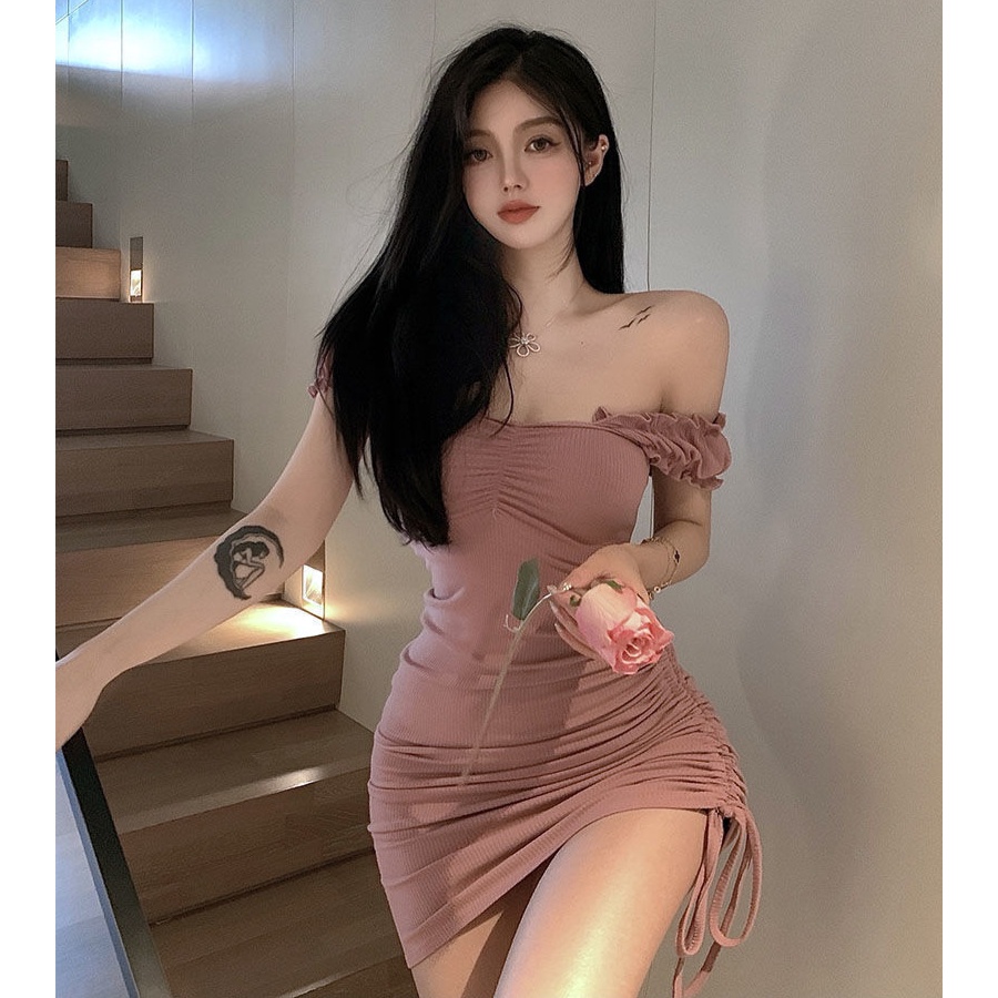 Đầm ôm body hai dây rút một bên màu hồng HDT282 Hỉn Hỉn Store