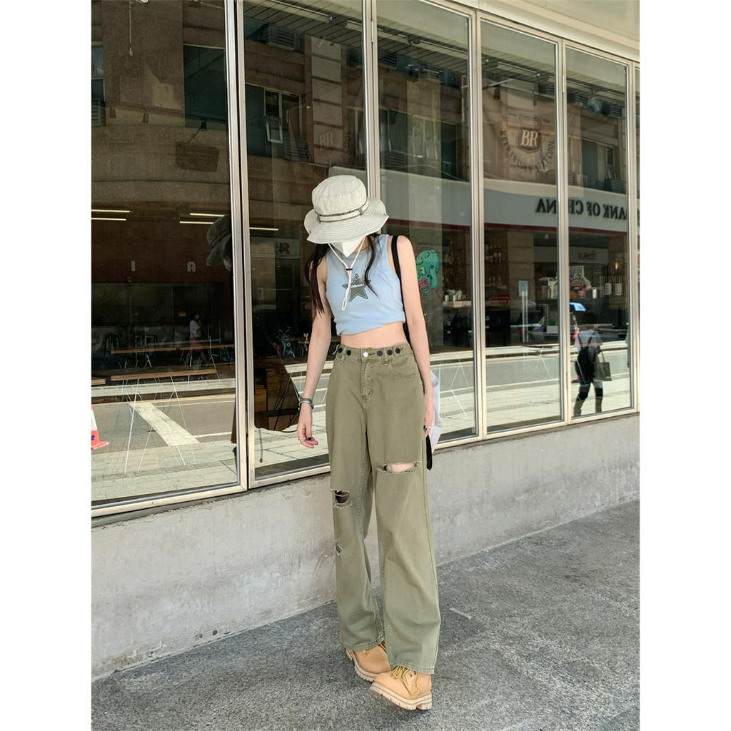 「 WELOVE1 」Quần Jean Dài Dáng Rộng Lưng Cao Phối Rách Kiểu Mỹ Thời Trang Mùa Hè Cho Nữ