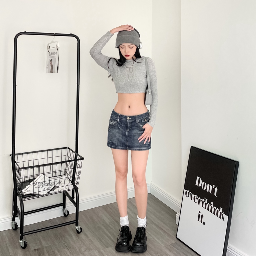 Áo croptop len mỏng dài tay thu đông, freesize màu xám tiêu SS0377
